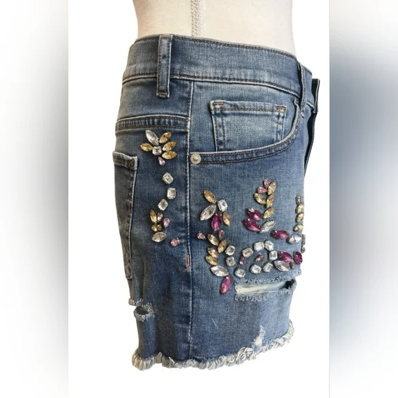 Express High Rise Distressed Rhinestone Embellished Shortie - Size 2 - Picture 2 of 8